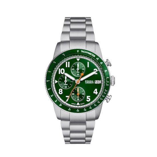 Fossil FS6048 Sport Tourer Heren Horloge - Zilverkleurig - Groene Wijzerplaat - Stalen Band