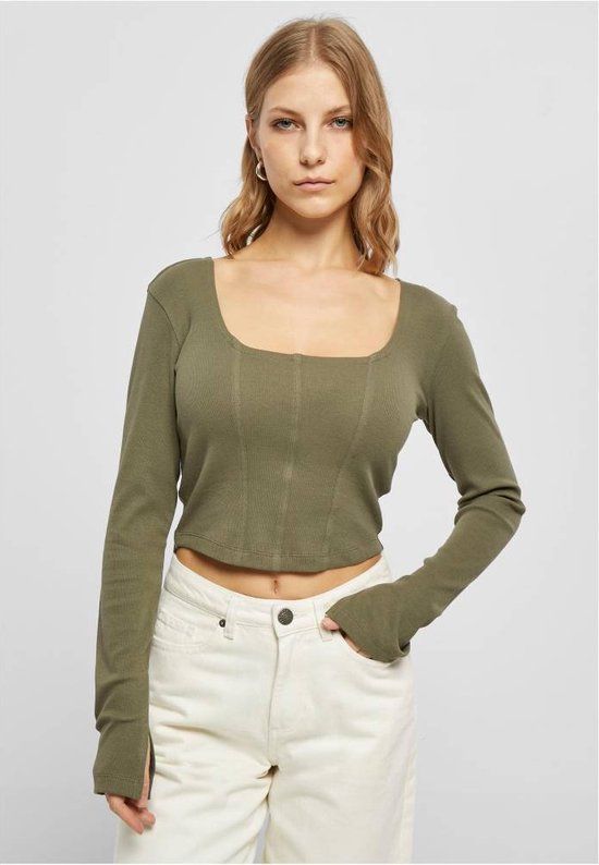 Urban Classics Short Rib Corsage Longsleeve Top - Olive - Women's S