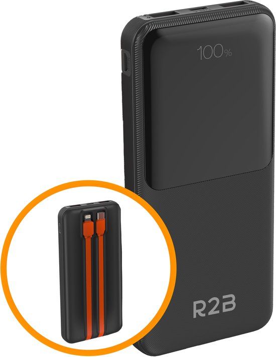 R2B Powerbank 10000 mAh with Integrated Cables - Black