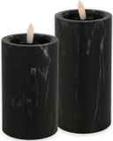 Countryfield LED kaarsen/stompkaarsen - set 2x - zwart marmer look - H12,5 en H15 cm - timer - warm wit
