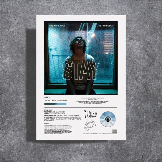 Metalen poster - The Kid Laroi - Justin Bieber - Stay - 30x40cm