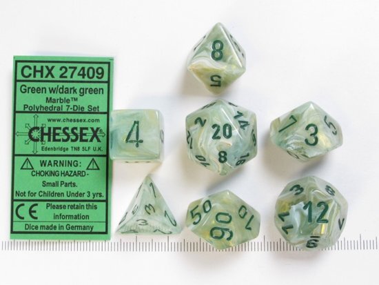 Chessex dobbelstenen set 7 polydice Marble green w/dark green
