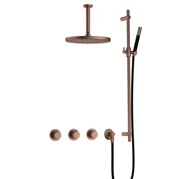 hotbath Cobber IBS70 complete thermostatische douche inbouwset met 2 stopkranen met 15cm plafondarm 30cm ronde hoofddouche staafhanddouche met glijstang koper geborsteld PVD IBS70BCP257