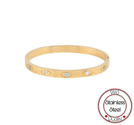 Borasi Gekleurd Bangle Armband - 14k Goldplated - Staal - Zirkonia - Blauw/Groen/Turquoise/Wit/Roze
