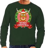 Bellatio Decorations Foute kersttrui - sweater - groen - Rendier Rudolf - Merry Christmas - voor heren M