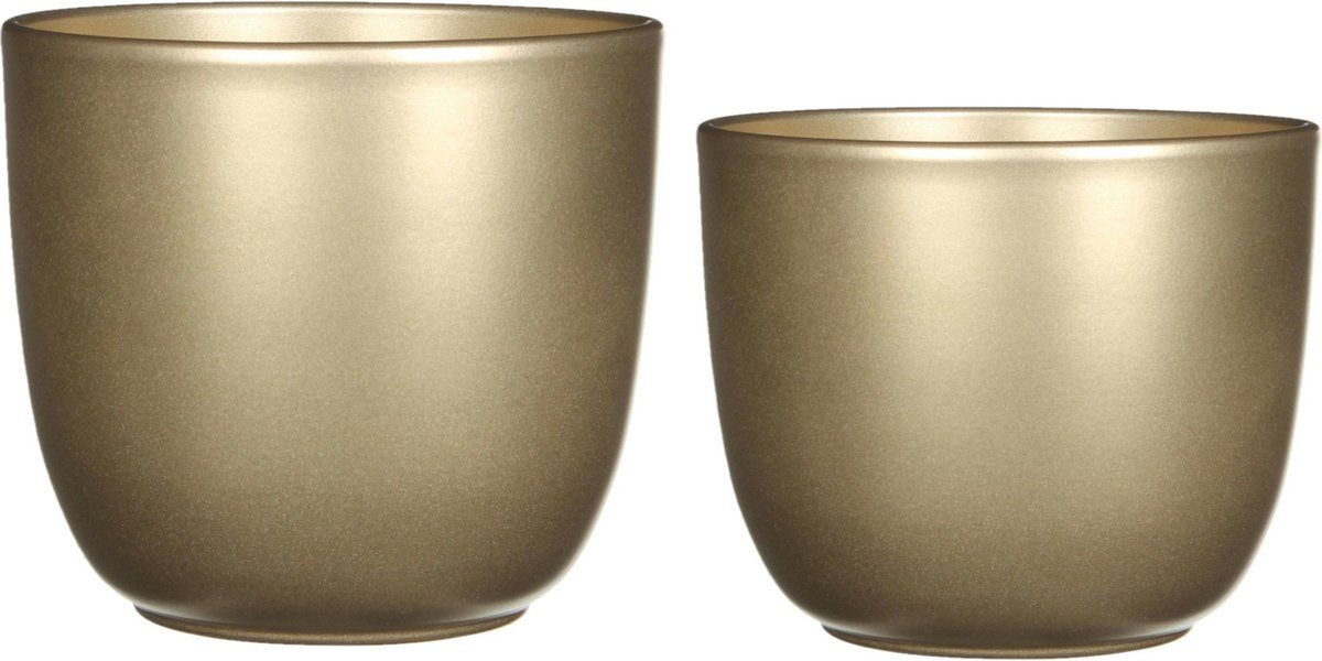 Mica Decorations Plantenpot/bloempot - 2x stuks - keramiek - goud - D12/17 cm