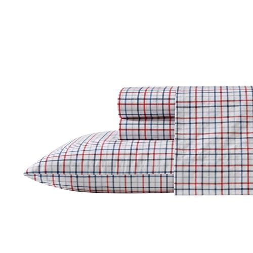 Nautica - Queensize lakenset, katoenen percal beddengoedset, knapperig en cool, lichtgewicht en ademend (boottattersall rood, Queen)