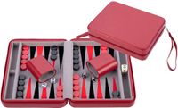 Engelhart Backgammon 9 inch - Grijs, Zwart & Rood Ingelegd Bord - Rode Zipper - Compact Reisspel