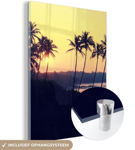 MuchoWow® Glass Painting 30x40 cm - Acrylic Glass Painting - Sea - Palm Tree - Evening - Landscape - Photo on Glass - Paintings