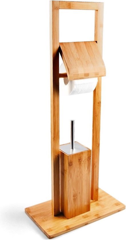 Relaxdays WC set bamboe hout toiletrolhouder wc-borstel - Rolhouder staand