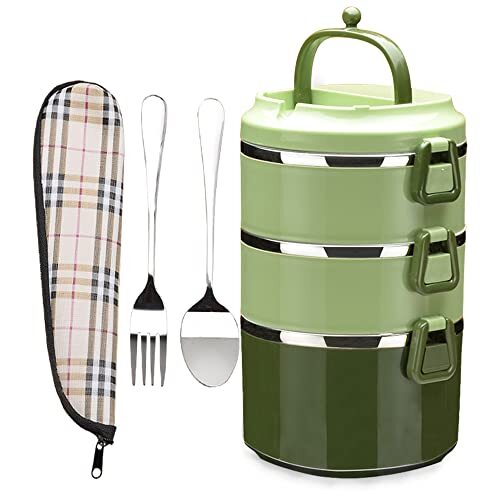 SANQIAHOME 18/8 roestvrijstalen lunchbox,stapelbare,Meerlaagse gratis combinatie Bento Box, met handvat(groen, 3 lagen)