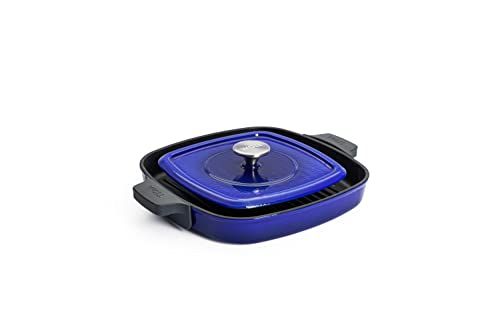 Woll Iron grillpan vierkant met groeven, incl. steakpers - inductie - 28x28cm - blauw