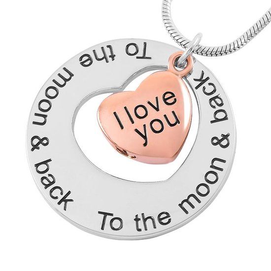 Ashanger "I Love You To The Moon" Zilverkleurig Roze Stalen Hanger 3.5cm x 3.5cm
