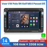 Awesafe Autoradio - Geschikt Voor VW Polo 9N Golf MK4 Passat B5 - RAM 1GB + ROM 32GB - Android 14 - Draadloos Carplay Android Auto - GPS RDS Bluetooth - Navigatie - Radio Scherm