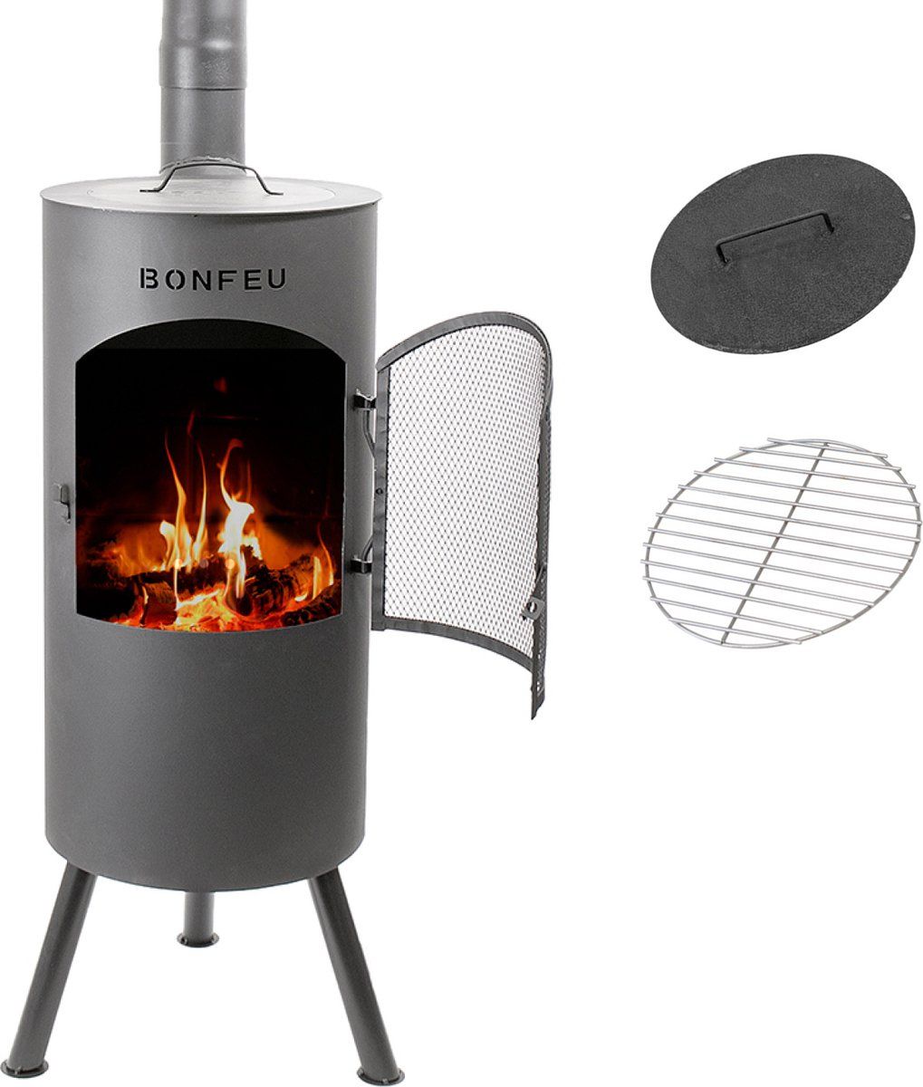 BonFeu BonTino Lp Zwart Tuinhaard Staal - Houtkachel met Grill - 35x35x164 cm