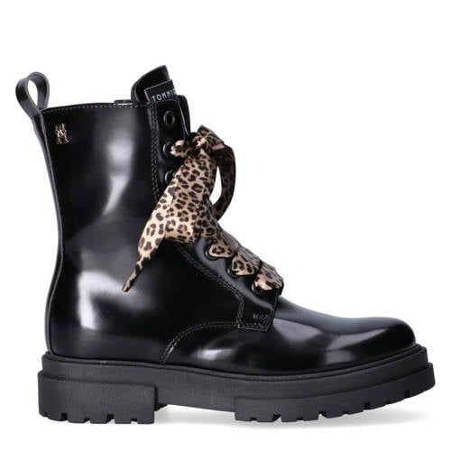 Tommy Hilfiger imitatieleren enkelboots met profielzool - zwart
