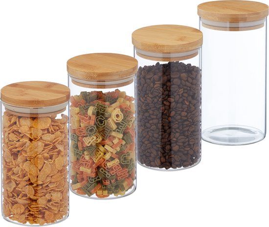 Merkloos Relaxdays Vierdelige set glazen voorraadpotten met bamboe deksel - 1000 ml - luchtdicht - transparant/natuur