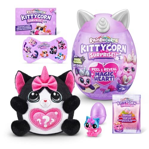 Rainbocorns Kittycorn Surprise Series 7, zwarte kat, verzamelbare pluche, 10 verrassingen om uit te pakken, kitten kat unboxing pluche speelgoed meisjes cadeau idee, stickers, leeftijd 3+ (zwarte kat)