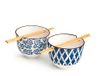 H&H Silk Set van 2 porseleinen kommen met houten eetstokjes, blauw en wit, 13 cm