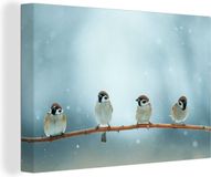 OneMillionCanvasses Canvas Schilderij Vogels - Mus - Sneeuw - Winter - 90x60 cm - Wanddecoratie
