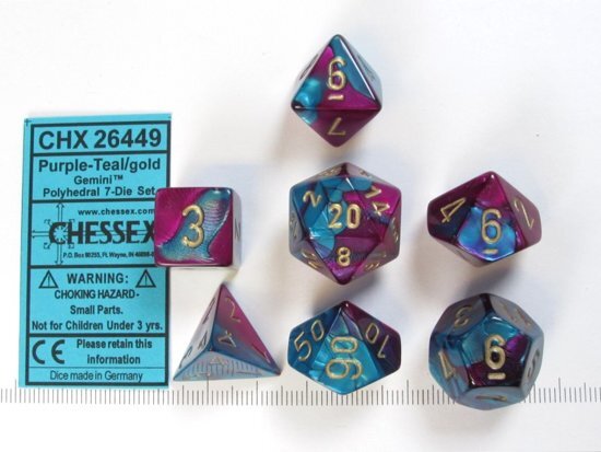 Chessex dobbelstenen set 7 polydice Gemini purple-teal w/gold