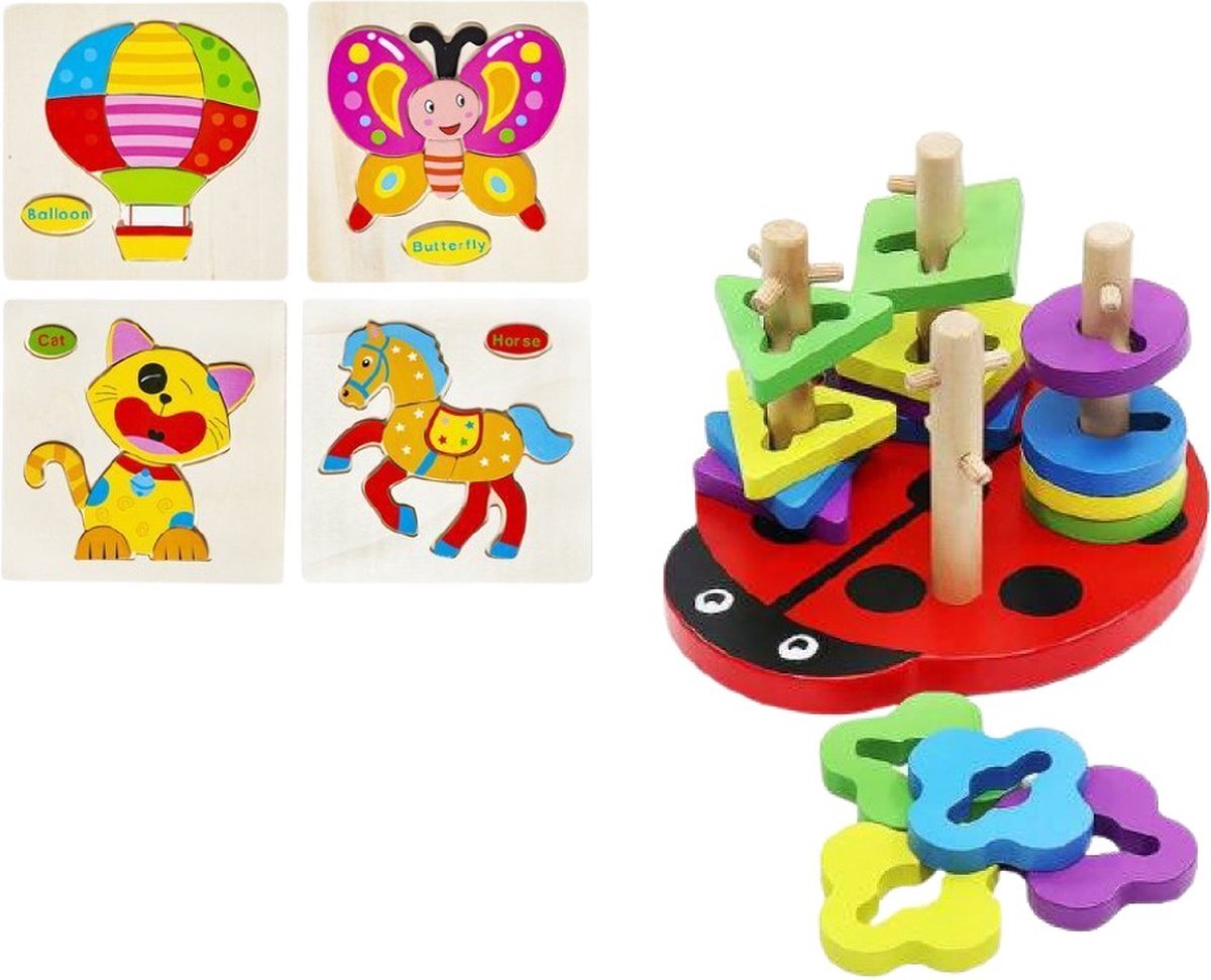 Iso trade Montessori Educatief Houten Speelgoed Puzzel Vormenstoof Sorteerpuzzel Sorteerspel Lieveheersbeestje + 4 Puzzels - Vormenstoof - Peuter Kleuter Speelgoed - Stapel Blokken