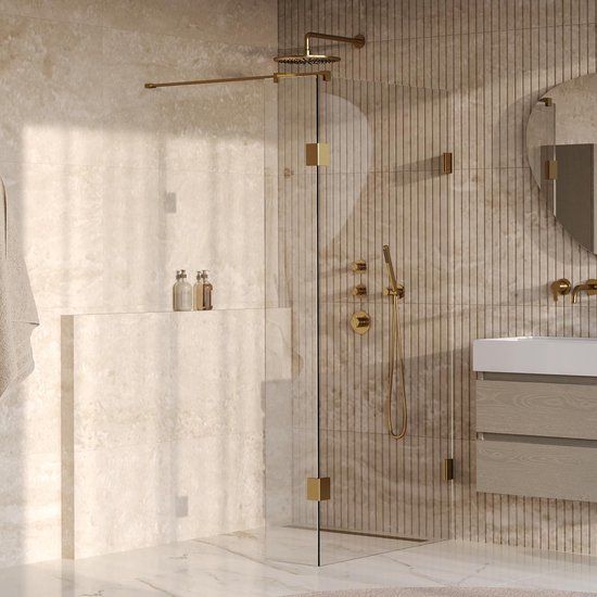 Brauer Saniclass Create Inloopdouche 100x200cm profielloos met antikalk en 8mm veiligheidsglas Goud geborsteld 4JC2-100/40u