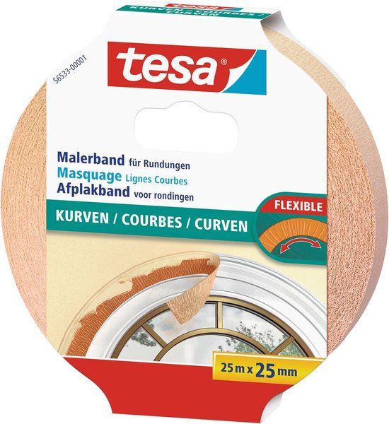 Tesa flexibele afplakband voor krommingen - 25 meter x 25 mm - Beige