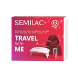 Semilac Travel With Me uv-nagellakset, 6 W uv-/ledlamp, One Step 3-in-1 glanzend donkerrood, reiniger, houten stokjes en fluwelen zakje