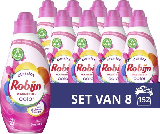 Robijn Klein & Krachtig Color Pink Sensation Vloeibaar Wasmiddel - 8 x 19 wasbeurten - Voordeelverpakking