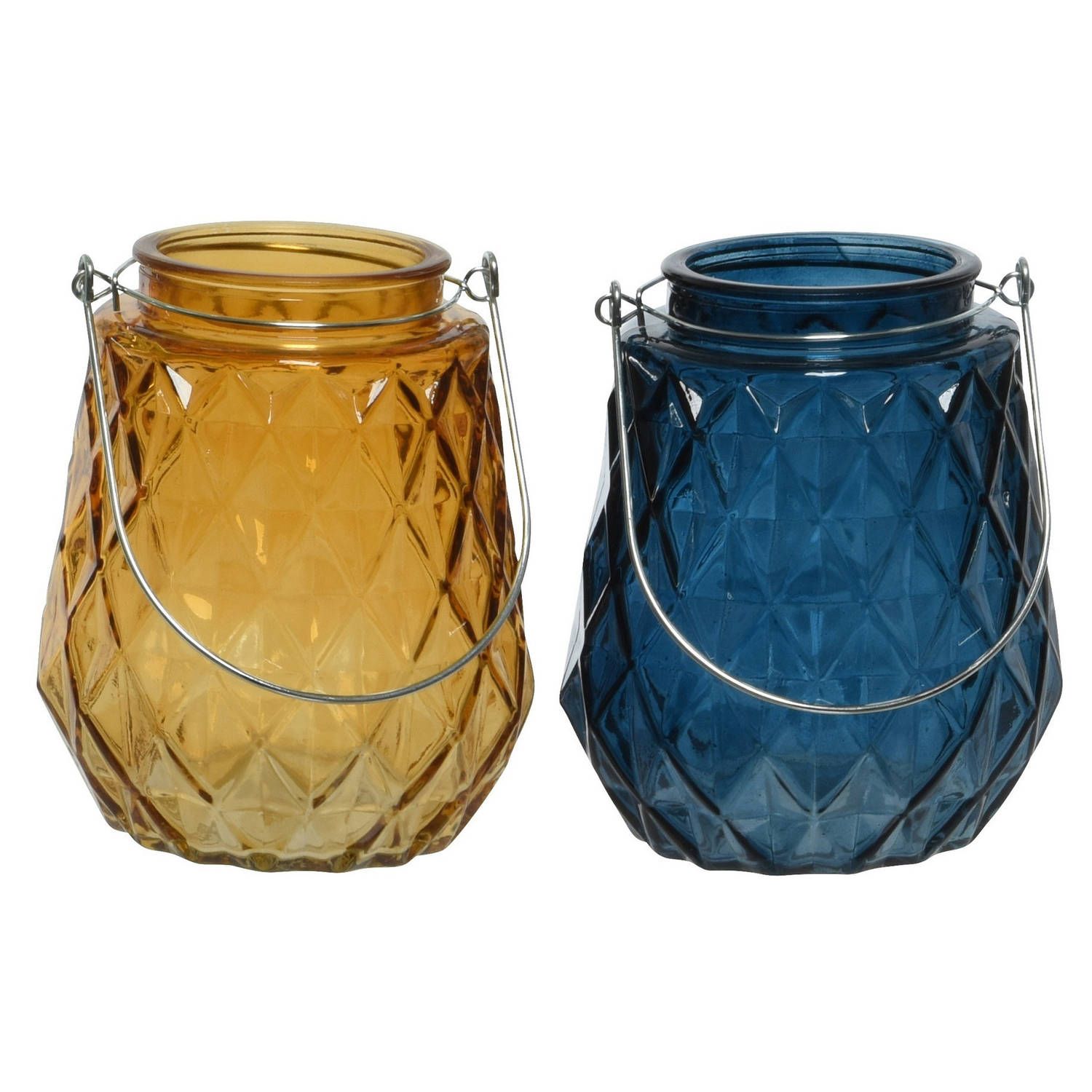Decoris Set van 2x theelichthouders glas ruitjes cognac/oranje en donkerblauw 11 x 13 cm