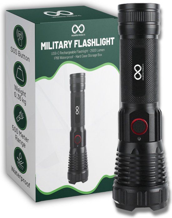 Unlimited Products Militaire Zaklamp - 2500 Lumen - USB-C - IP66 - LED - Hard Case