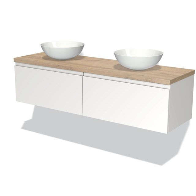 Maxaro Badkamermeubel voor Waskom 160cm Modulo Plato Mat Wit 2 Lades Greeploos Lichtbruin Eiken Blad