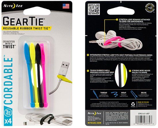 Nite Ize Gear Tie CORDABLE 3" - 4 PACK MIX COLOR GTK3-A1-4R7
