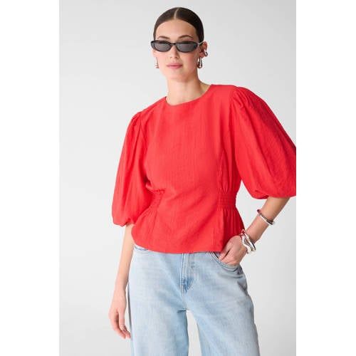 Shoeby Rood Top met Peplum en Smockwerk