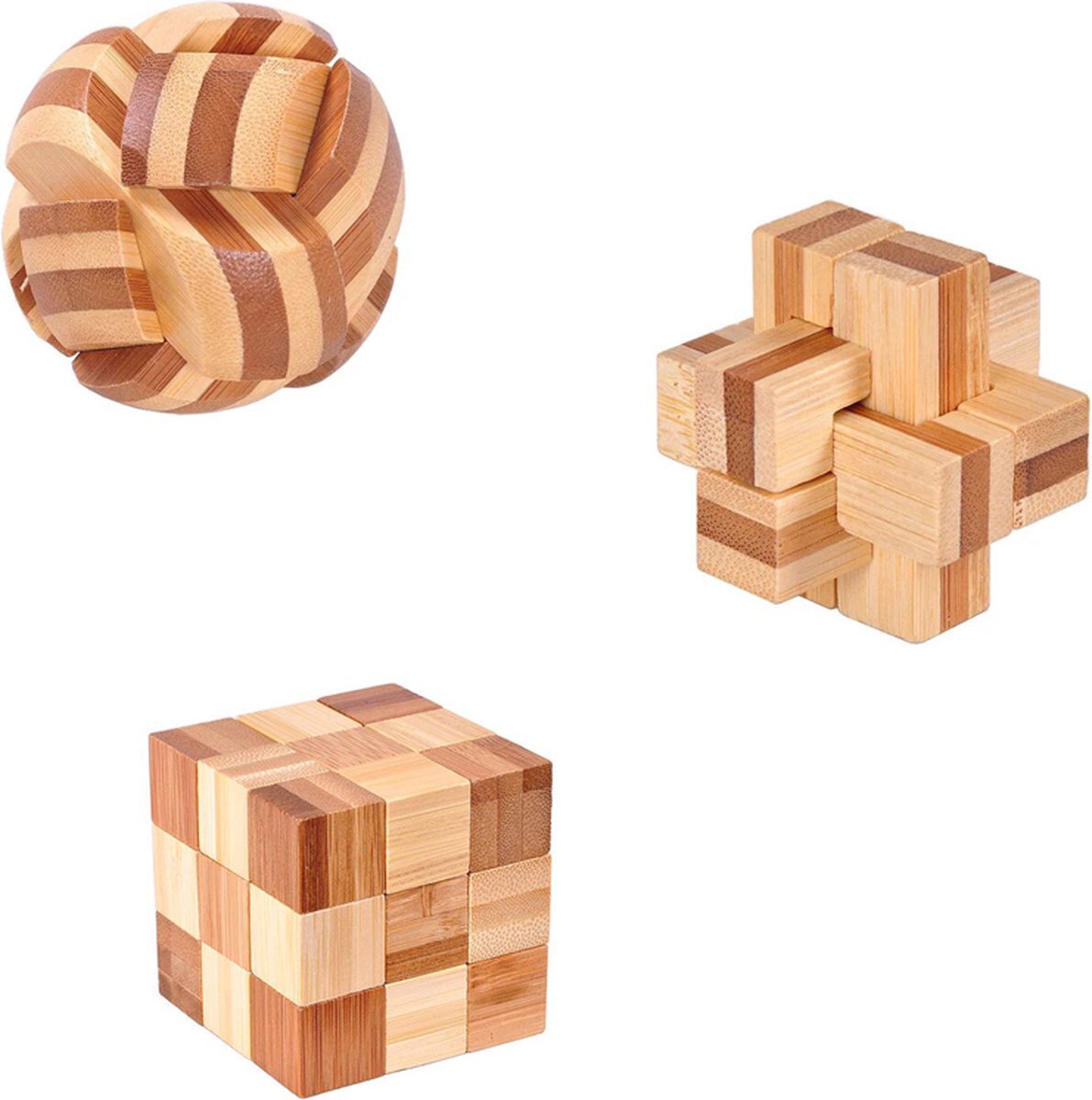 DW4Trading 3D Bamboo Breinpuzzels Kubus, Knoop 1 en 2 - set van 3 stuks - 5x5 cm