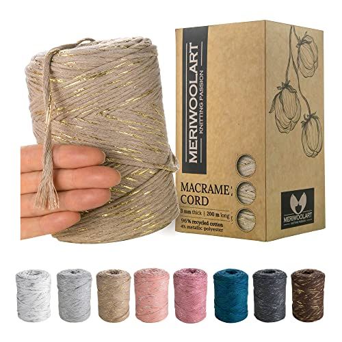 MERIWOOLART MeriWoolArt® Macramé Garen Zand, Macramé Koord 3mm 200m, Enkele Twist, Zacht Macramé Koord, 96% Gerecyclede Katoenen Macrame Garen Gekleurd, DIY Macramé Handwerk, Boho Huisdecoratie