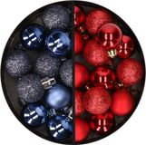 Merkloos / Sans marque Billiet - Vanlaere Kerstballen 34x st - 3 cm - donkerblauw en rood - kunststof