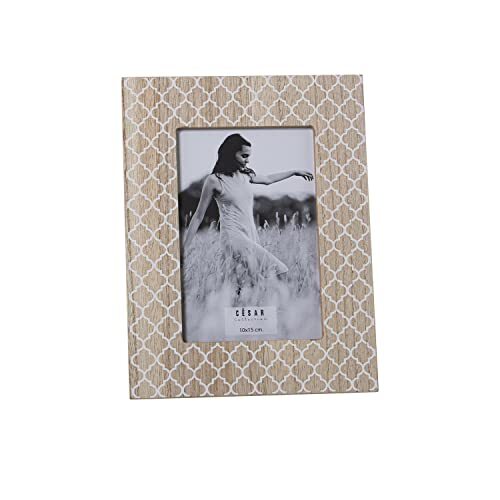 DRW Set of 2 Photo Frames, 10 x 15 cm, MDF Wood, Nature and White Motif, 17 x 22 x 1.2 cm