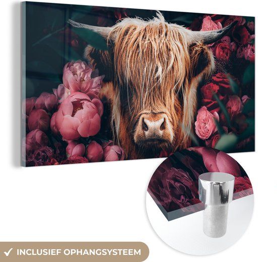 MuchoWow® Glass Painting 80x40 cm - Acrylic Glass Painting - Cow - Scottish Highlander - Flowers - Botanical - Photo on Glass