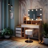 Vicco Kaptafel Anja, Wit/Sonoma, 139.8 cm met spiegel, LED-lichtslinger en kruk