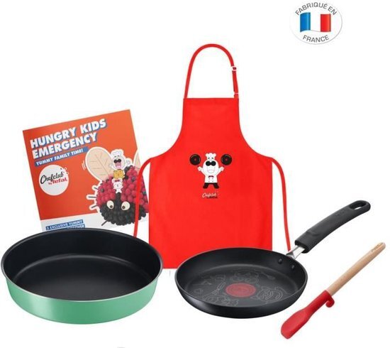 Tefal Chefclub by kookset "Hungry Kids Emergency" pan 19 cm, springvorm 26 cm, mini-spatel, kinderkookschort, receptenboekje E5119002