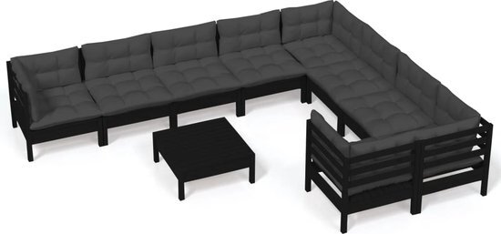 vidaXL 10-delige Loungeset met kussens grenenhout zwart