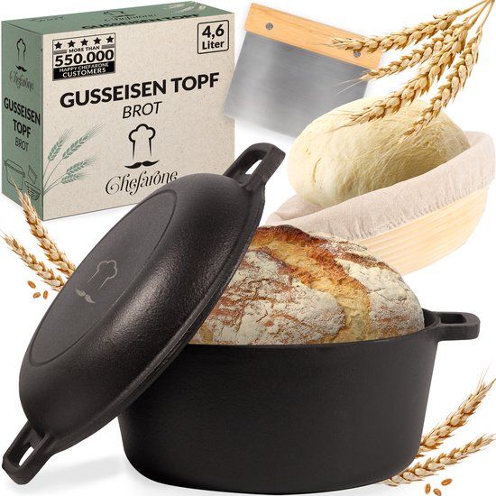 Chefarone Gietijzeren Pan 4,6 L - Braadpan voor alle Warmtebronnen - Broodbakbol voor Brood Bakken - Inductie Sudderpan - Broodpan Ø24CM - Kookpan Inclusief Deksel, Spatel en Rijsmand - BBQ Cast Iron Zwart - Tot 300°C - Cadeau voor Vrouwen