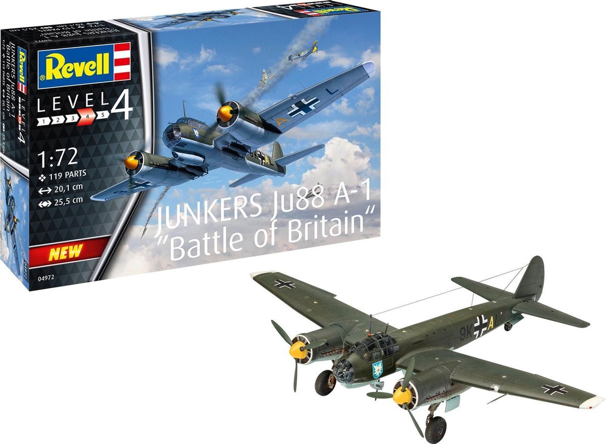 Revell RV04972 04972 Junkers Ju88 A-1 Battle of Britain, vliegtuigmodelbouwset 1:72, 20,1 cm getrouwe modelbouwset voor gevorderden, ongelakt