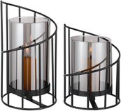 Votoko Metalen Lantaarn Kaarsenhouder 2 Stuks, Glazen Kaarsenhouder, Glazen Cilinder met Metalen Voet voor Moderne Woonkamerdecoratie, Buitenlantaarn, Tafeldecoratie Kandelaar (Spiraal) (Zwart)