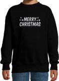 Bellatio Decorations Merry Christmas Kerst sweater / trui - zwart met zilveren glitter bedrukking - kinderen - Kerst sweater / Kerst outfit 122/128