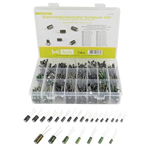 Seki Elektrolytische condensator assortiment 105° 630 stuks - 24 waarden van 0,1uF-1000uF - 10V, 16V, 25V en 50V; Elko condensator aluminium condensator