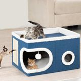 BAKAJI Kattenhuis met ronde ingang en rand van wol, huis voor huisdieren, krabpaal van warm en gevoerd polyester, antislip, 58 x 42 x 33 cm (blauw)