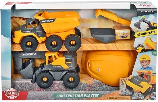 Dickie Toys - Volvo Construction Speelset – bouwvakkers speelgoedset met 2 bouwplaatsvoertuigen en bouwwerkershelm voor kinderen vanaf 3 jaar